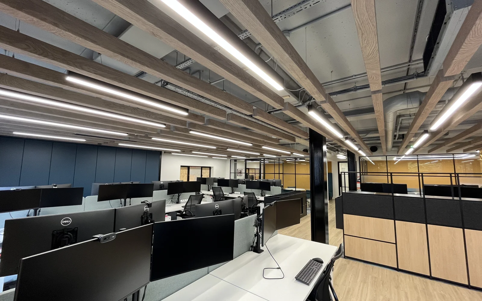 Office with commercial lighting.